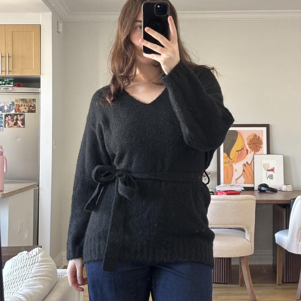 Guess Black V-Neck Fuzzy Knit Sweater with Tie Belt